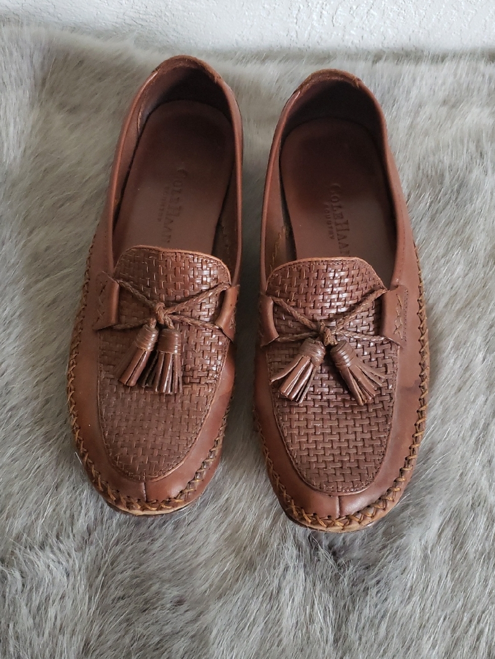 Cole Haan Brown Woven Leather Tassel Loafers